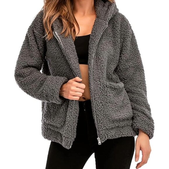 Sherpa Jacket | Full Zip | Hooded | Dark Grey | Faux Shearling | Fleece - Picture 1 of 11